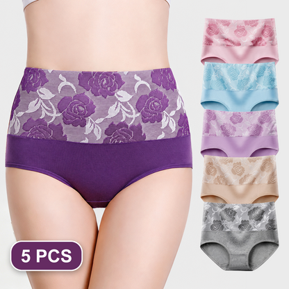High Waist Cotton Briefs with Soft Floral Lace Waistband