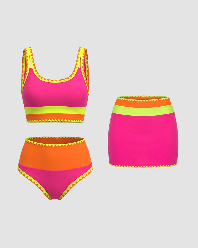 Color Contrast Patchwork Nylon Sporty 3 Piece Bikini Sets
