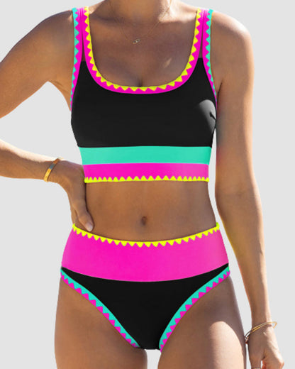 Color Contrast Patchwork Nylon Sporty 3 Piece Bikini Sets