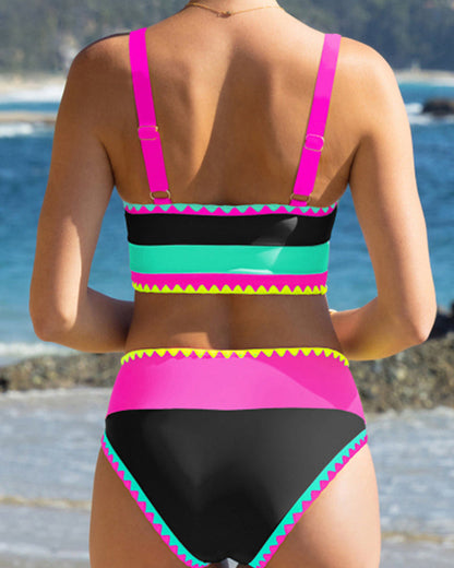 Color Contrast Patchwork Nylon Sporty 3 Piece Bikini Sets